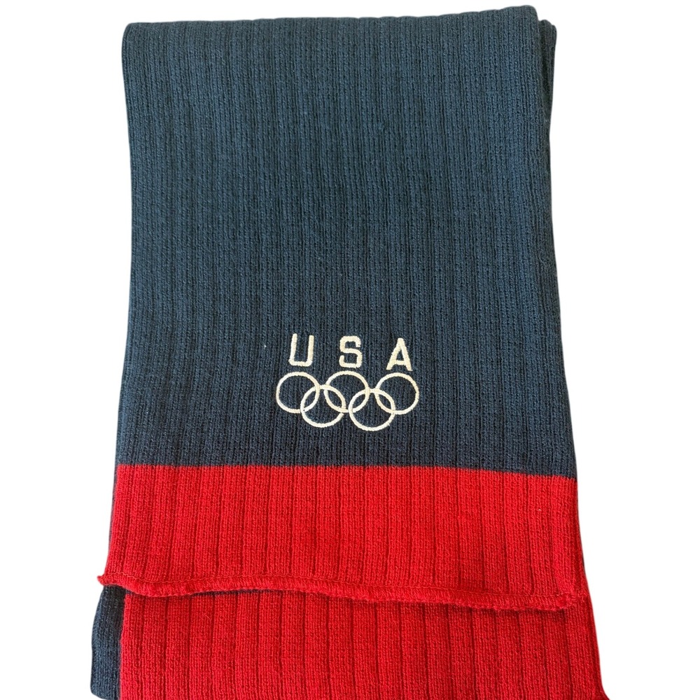 USA Olympic Team Scarf Navy Blue Red Ribbed Knit Embroidered Rings USA Sports
